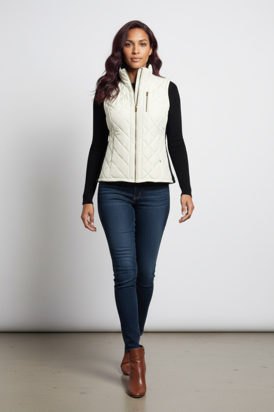 Calvin Klein Quilted Vest Size L White Full Zip Stand Collar